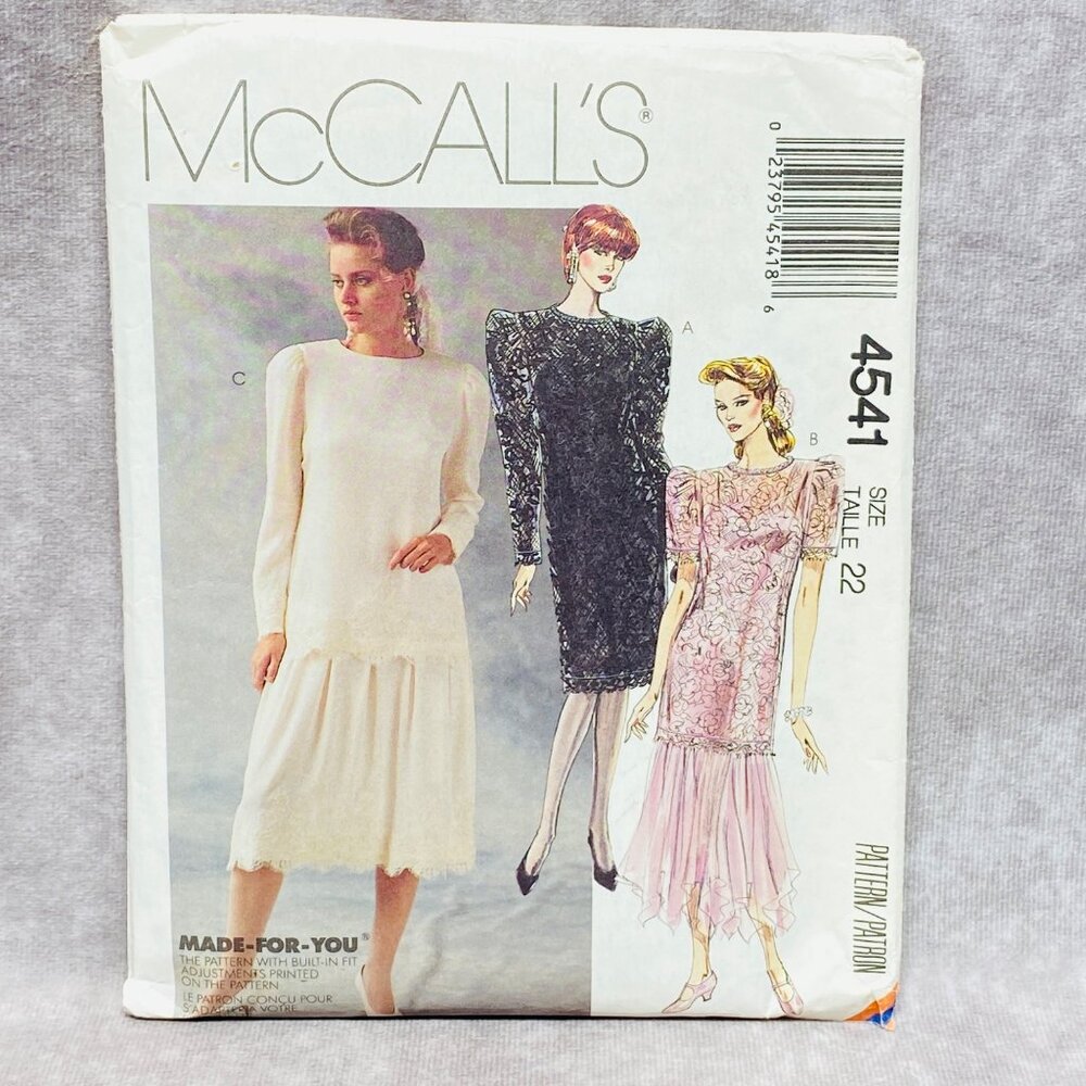 McCalls Pattern 4541 Womens Dress Size 22 1989 Vintage Sewing Pattern